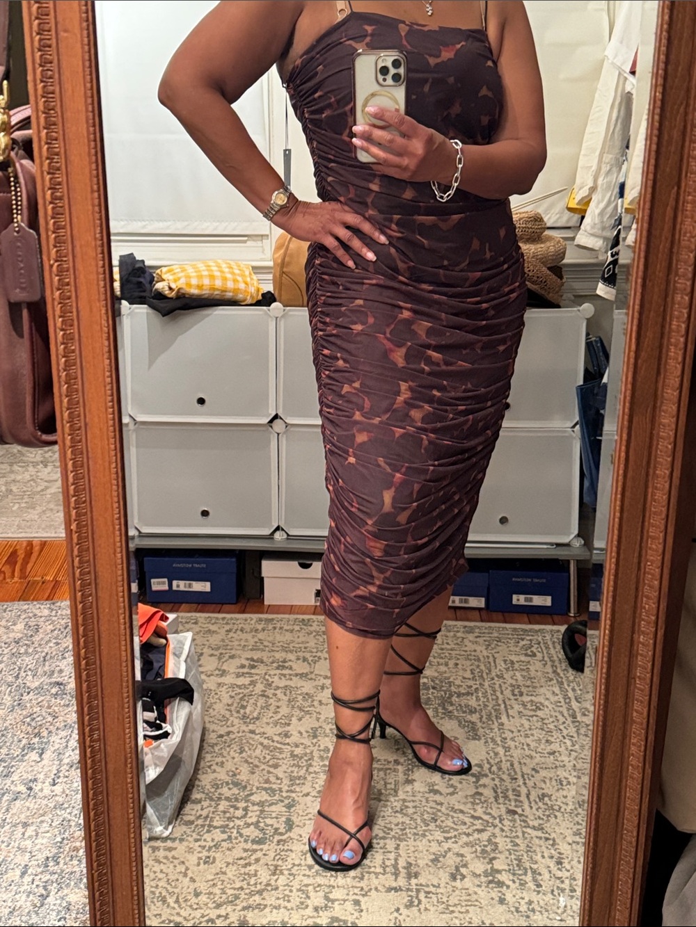 Ruched Midi Slip Dress in Black and Brown Print - Picture 4 of 5